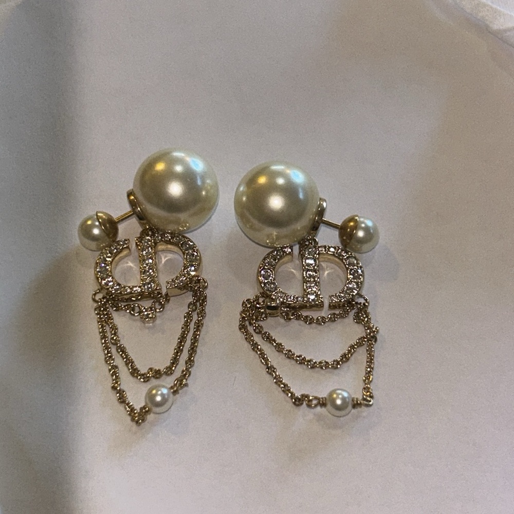 DIOR TRIBALES Earrings Gold-Finish Metal White Resin Pearls Silver-Tone Crystals - Picture 5 of 14